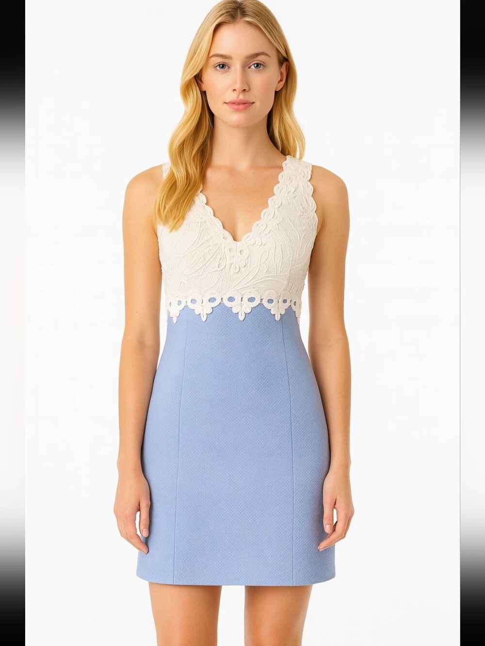 LILLY PULITZER Sandi Shift Dress Blue White Lace Mini Preppy Size 4